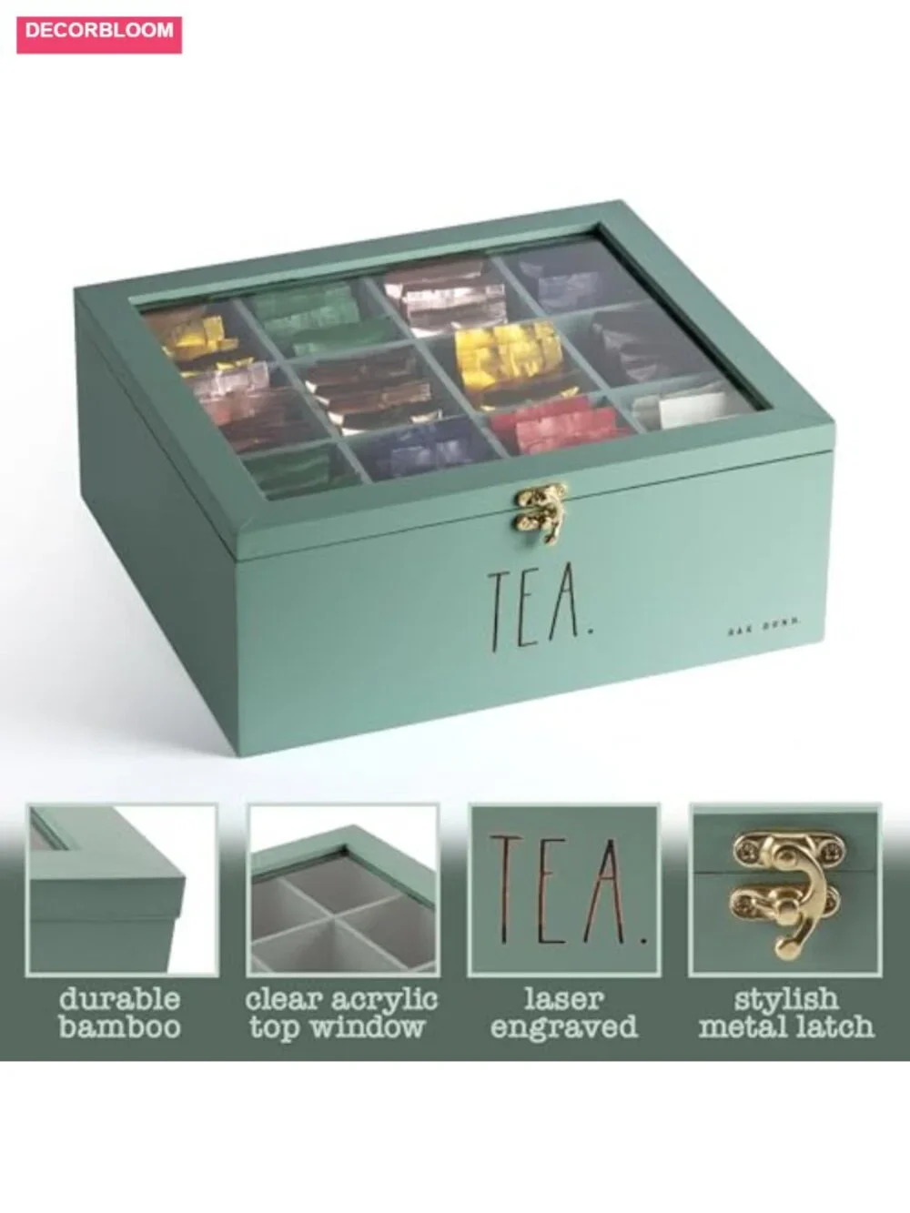 Bamboo Tea Bag Organizer Box with Divided Storage and Hinge Lid